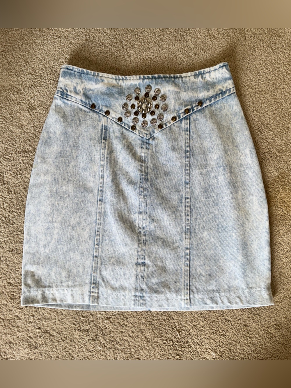 Vintage Light Wash Denim Skirt with Embellished Front Panel